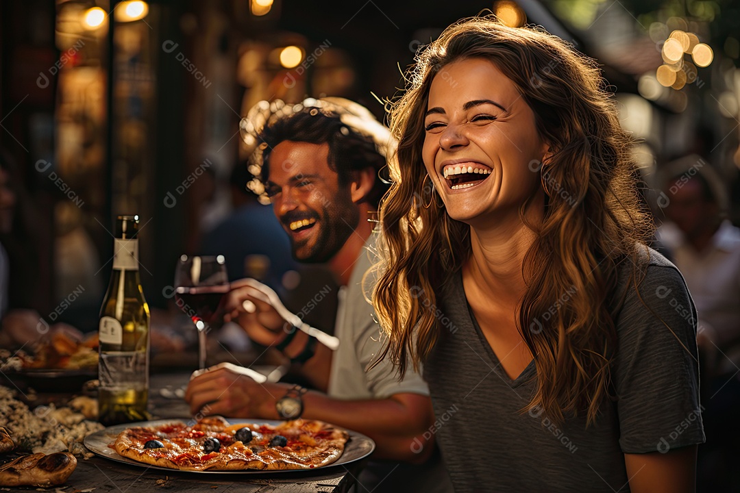 Praça Toscana: Mesa repleta de antepastos, massas e vinho ao pôr do sol.
