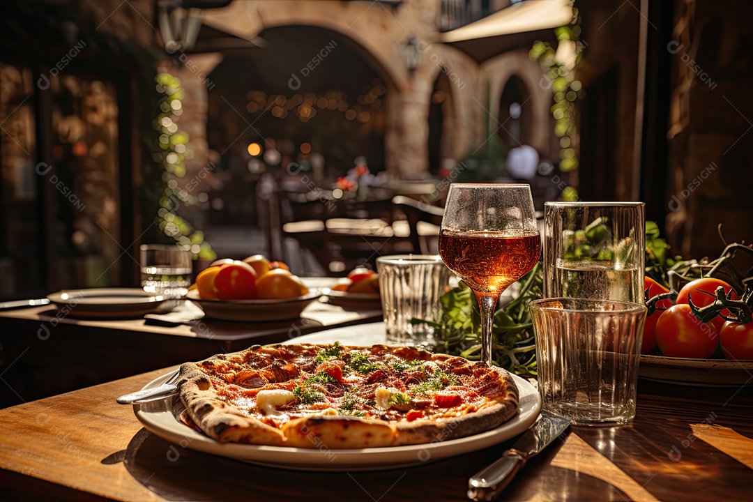 Praça Toscana: Mesa repleta de antepastos, massas e vinho ao pôr do sol.