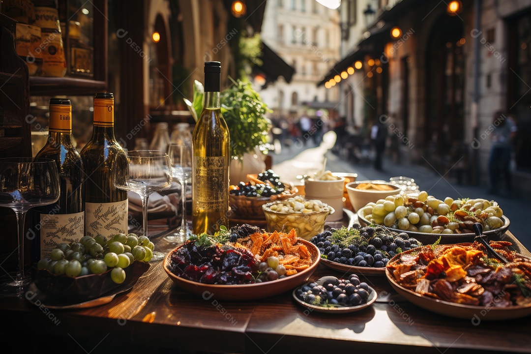 Mercado italiano agitado exibindo iguarias em ruas pitorescas.