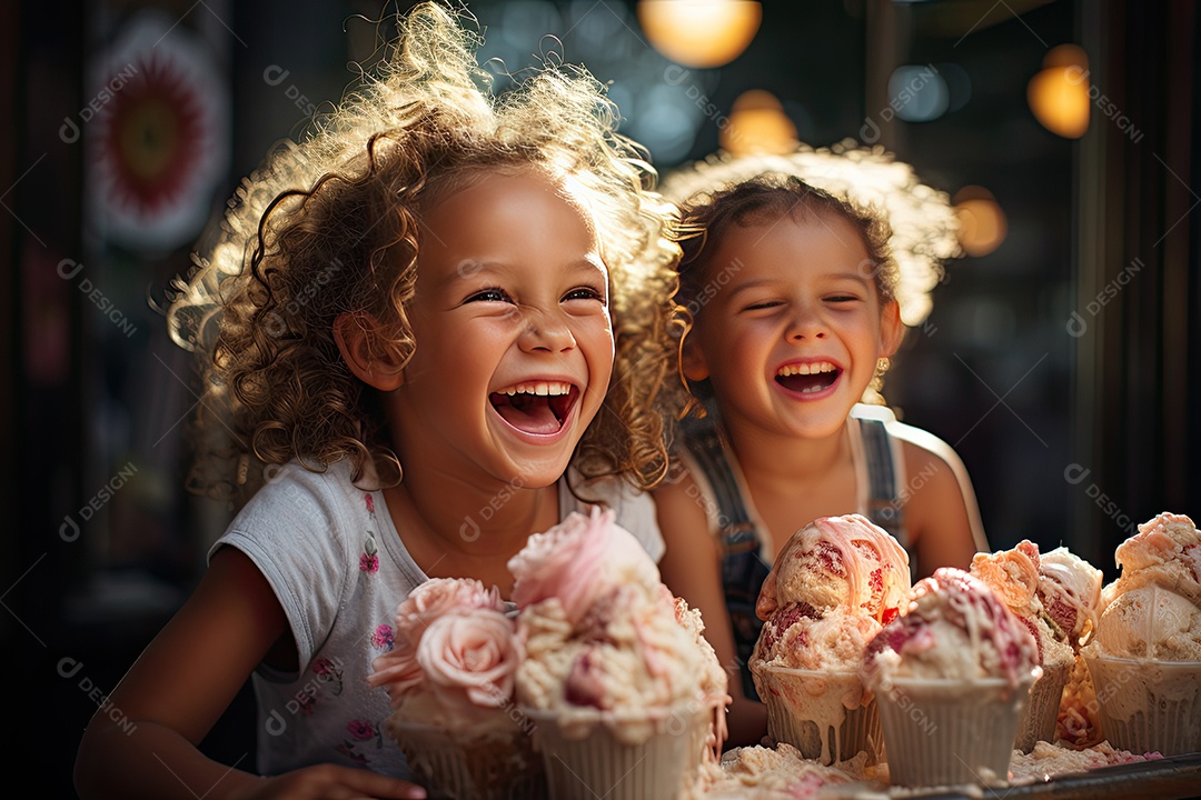 Sorvete colorido em casquinha sob o sol, crianças brincando ao fundo