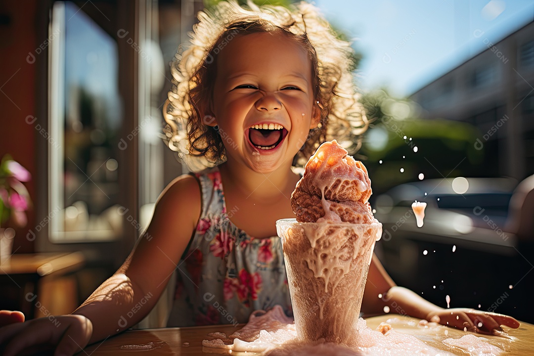 Sorvete colorido em casquinha sob o sol, crianças brincando ao fundo