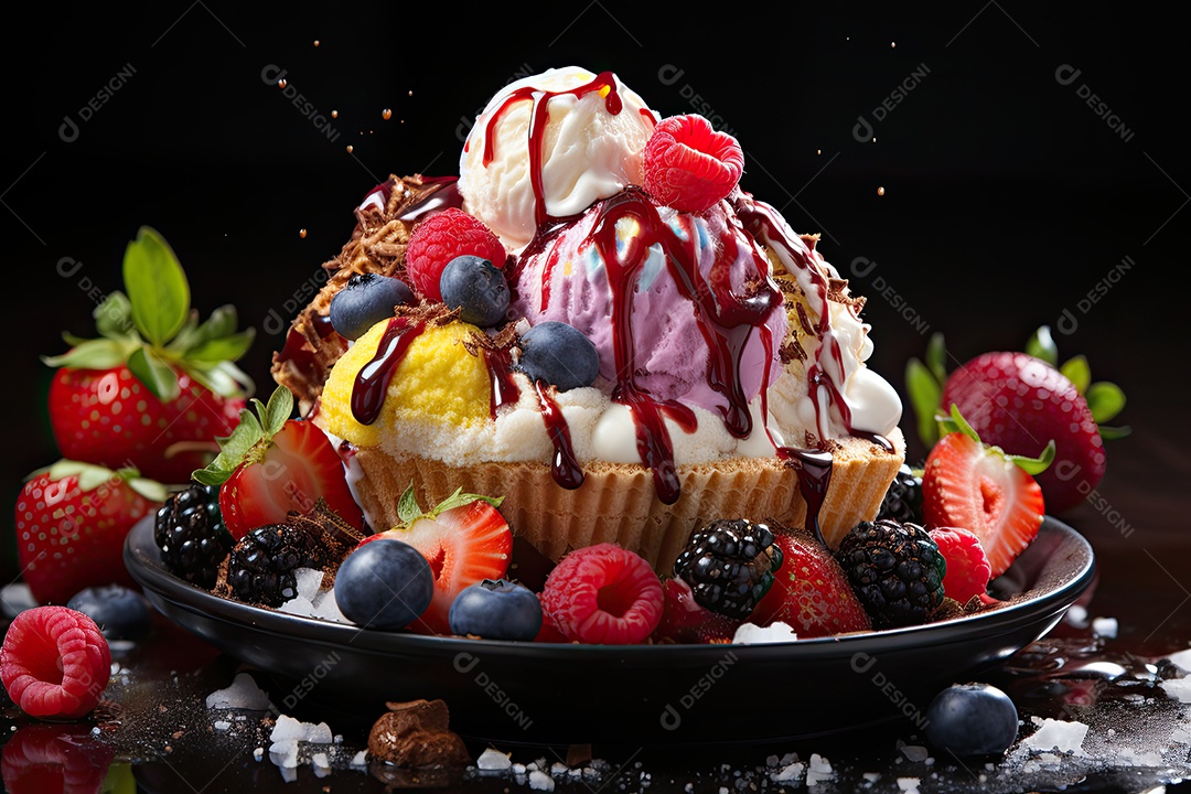 Sorvete colorido com frutas frescas e calda.