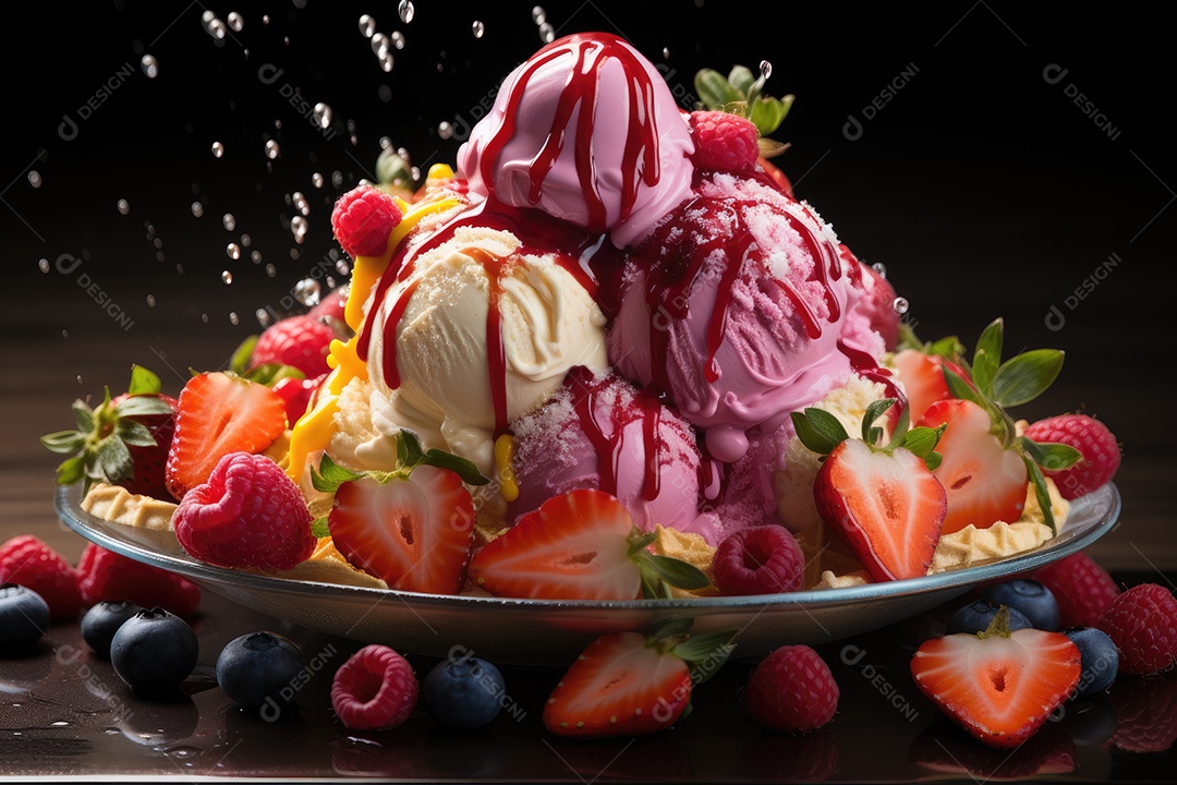 Sorvete colorido com frutas frescas e calda.