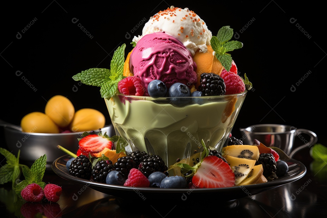 Sorvete colorido com frutas frescas e calda.