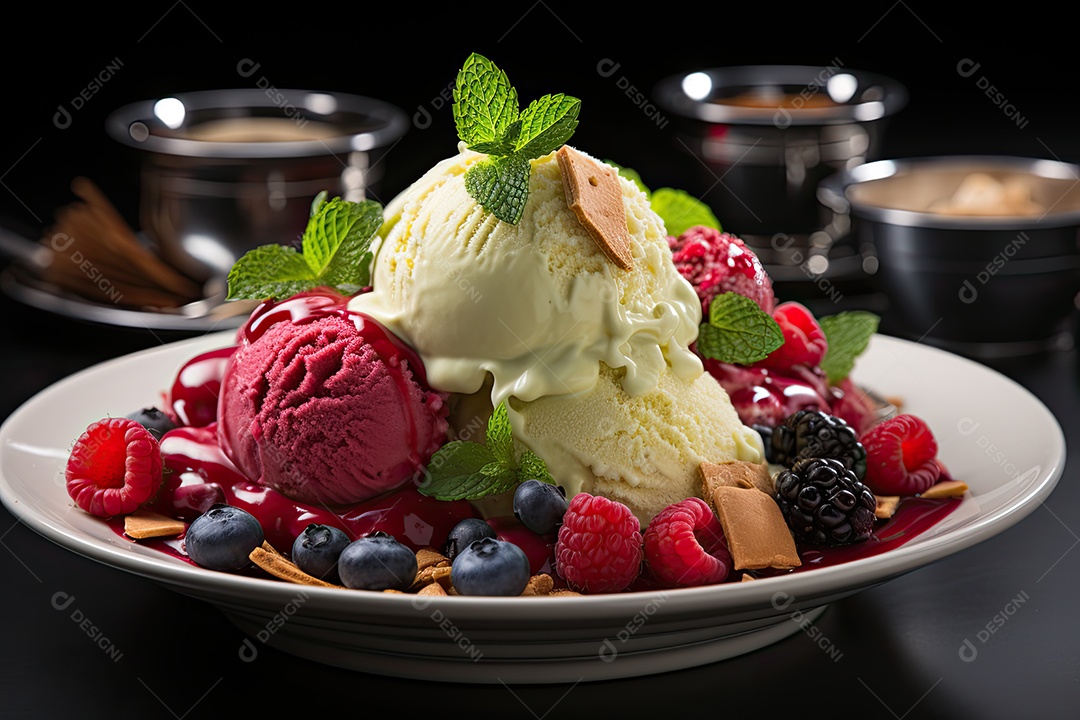 Sorvete colorido com frutas frescas e calda.