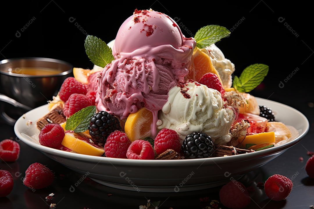 Sorvete colorido com frutas frescas e calda.