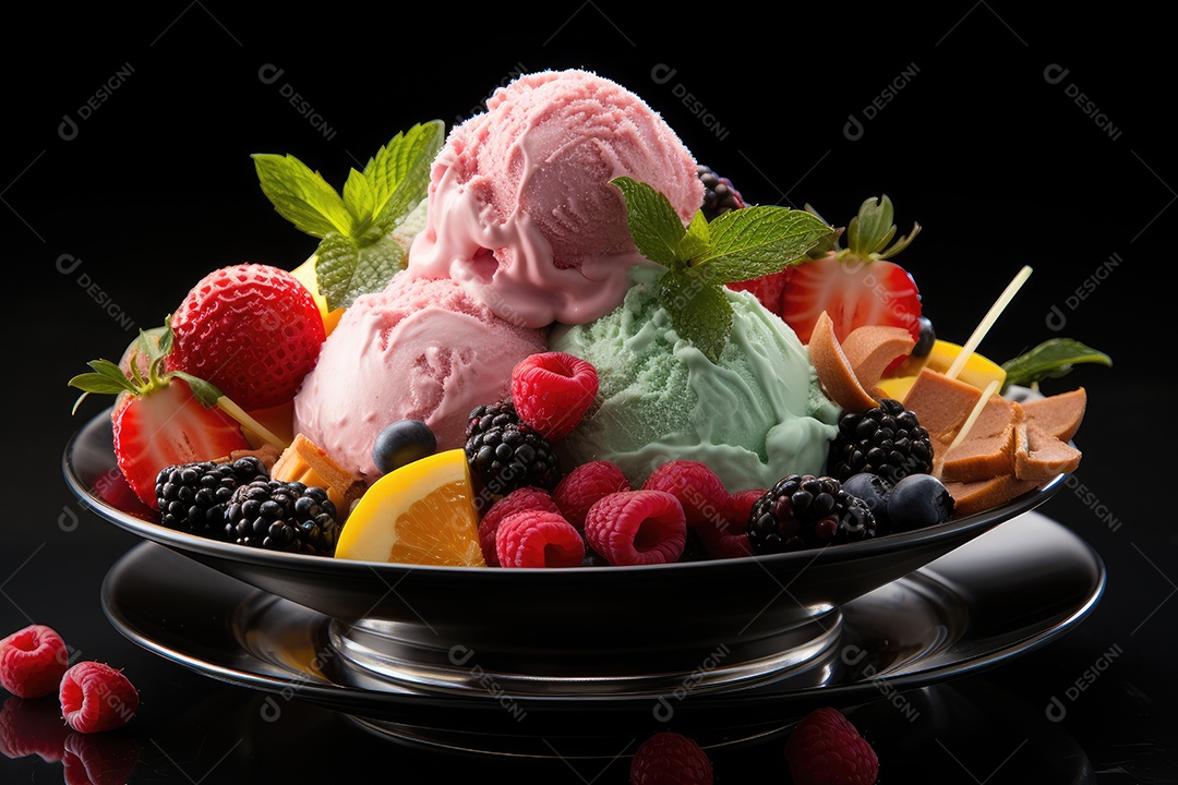 Sorvete colorido com frutas frescas e calda.