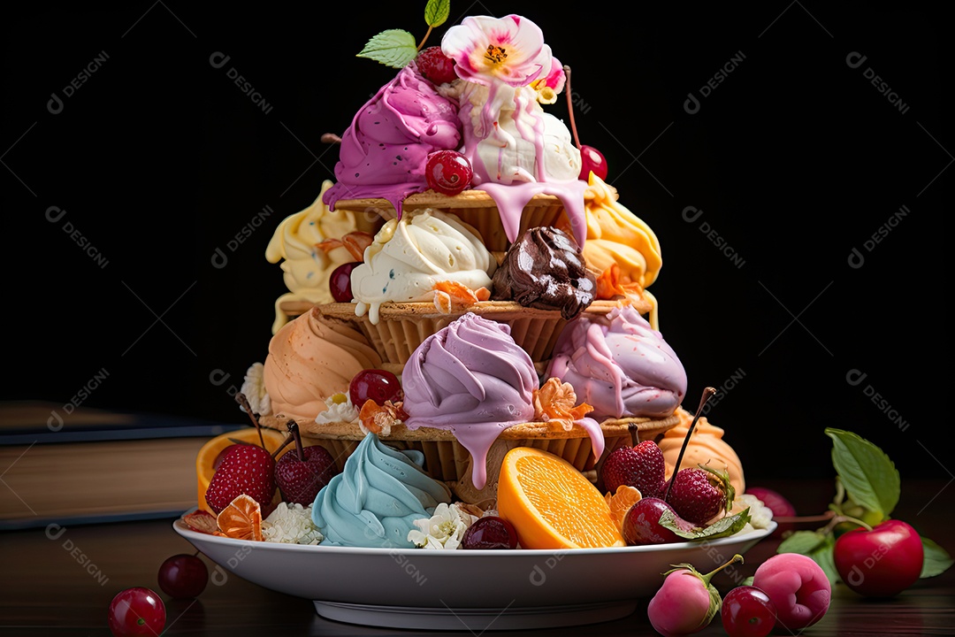 Sorvete colorido com frutas frescas e calda.