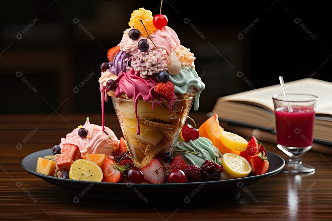 Sorvete colorido com frutas frescas e calda.