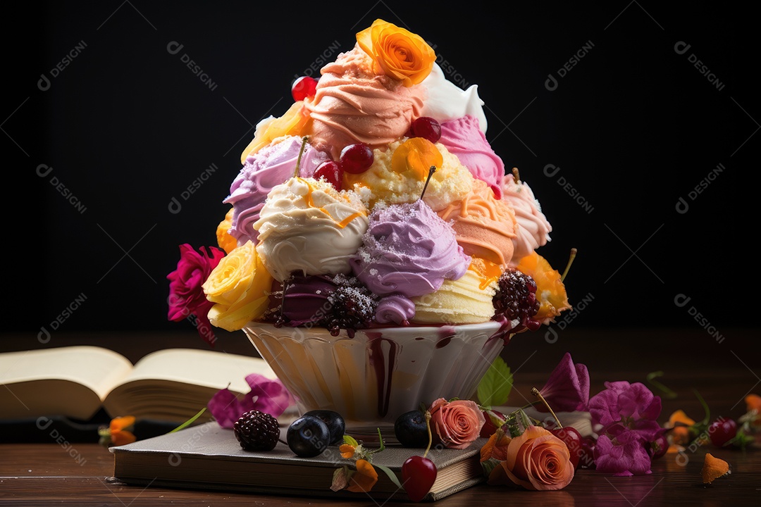 Sorvete colorido com frutas frescas e calda.