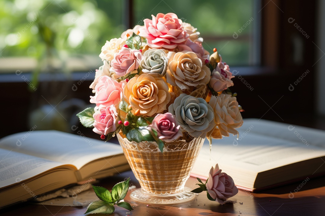 Sorvete mágico em meio à natureza com fadas coloridas