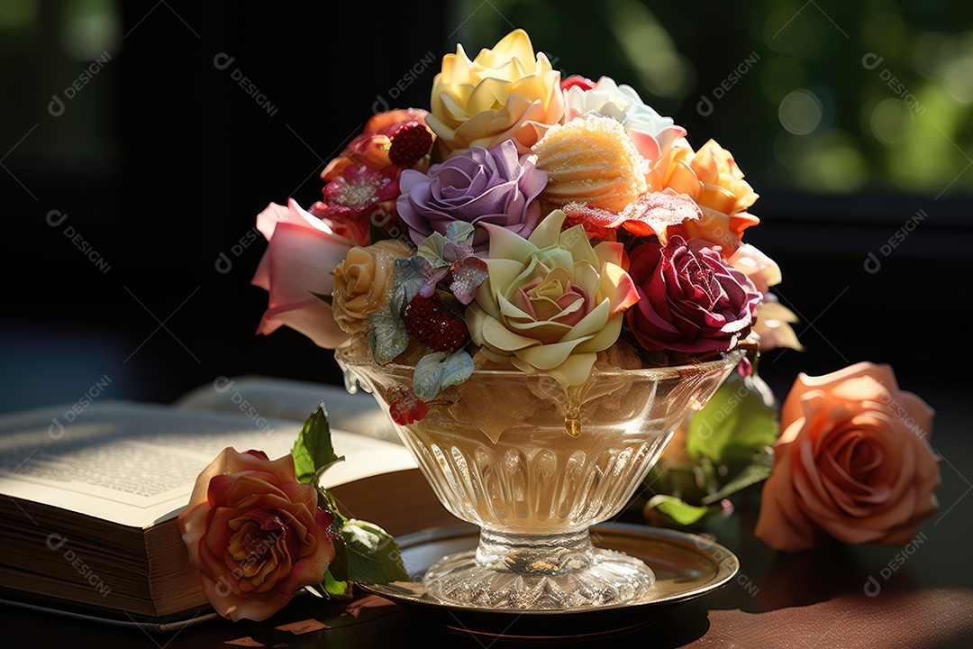 Sorvete mágico em meio à natureza com fadas coloridas