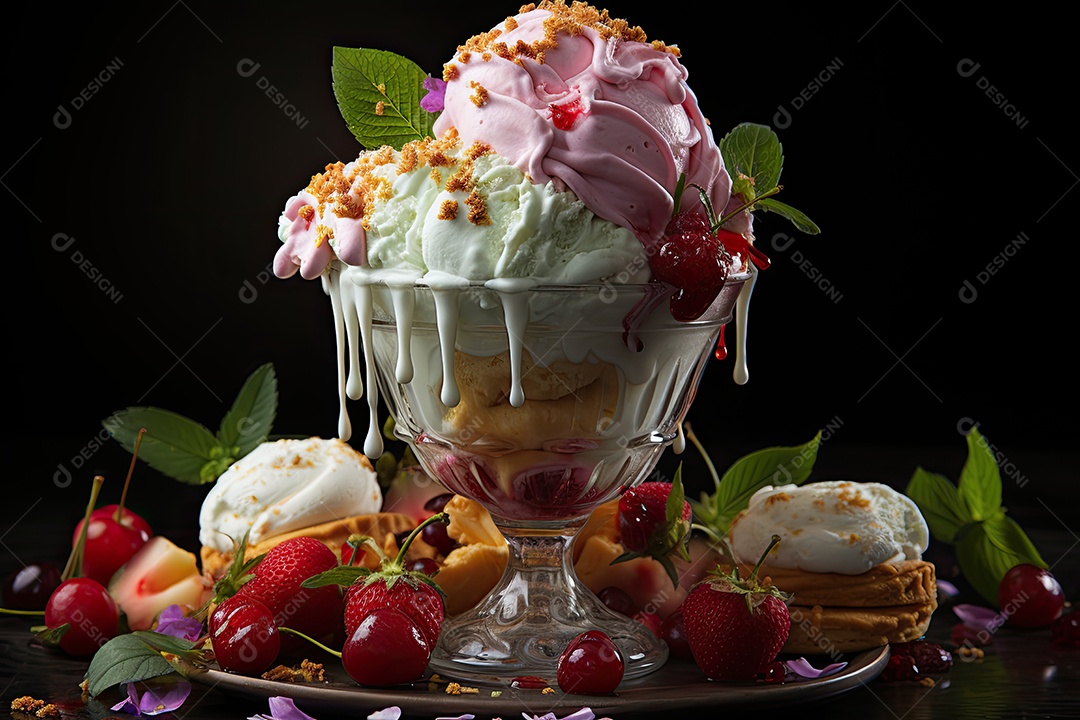 Sorvete colorido em casquinha, diversão de verão