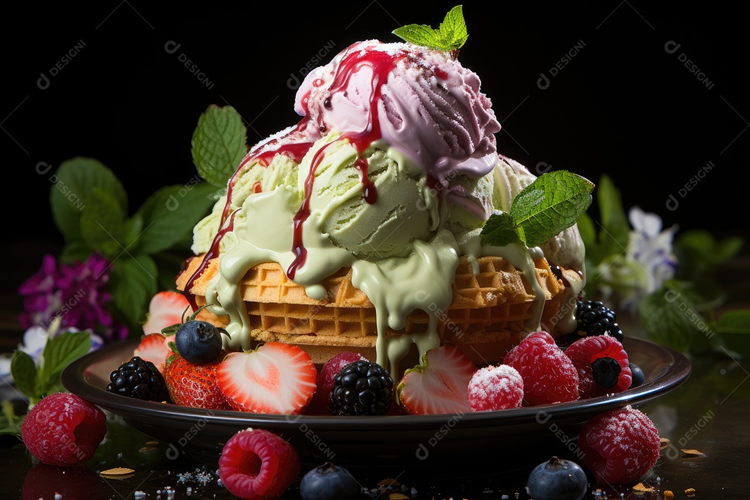 Sorvete colorido em casquinha, diversão de verão