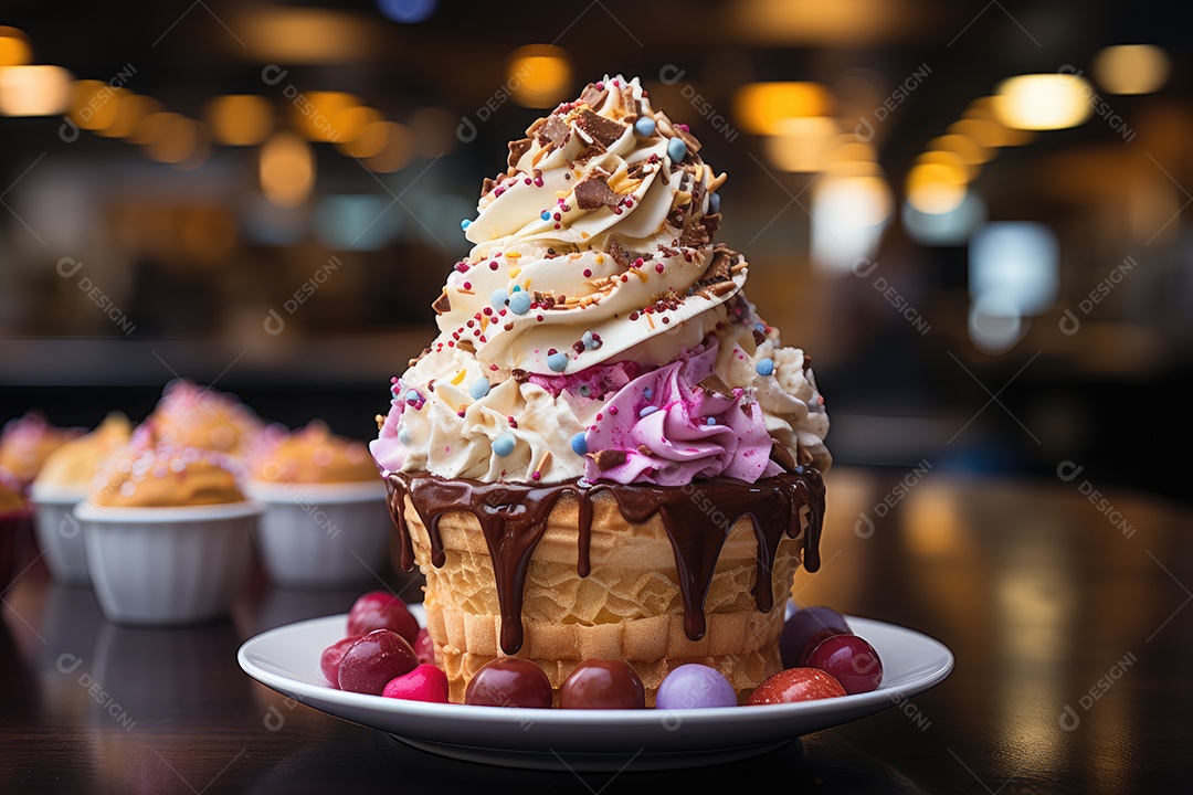Sorvete colorido em casquinha, diversão de verão