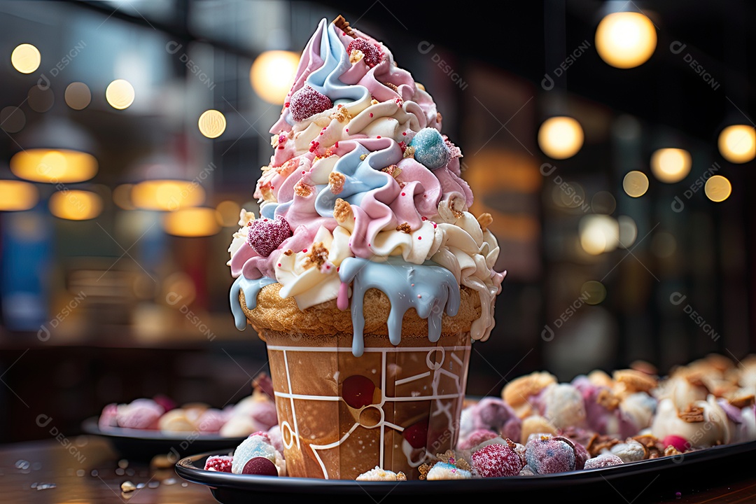 Sorvete colorido sobre cone crocante, crianças felizes ao fundo.