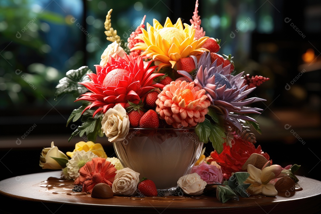 Girassol de baunilha, floresta frutada e riacho de framboesa em cena mágica de sorvete.