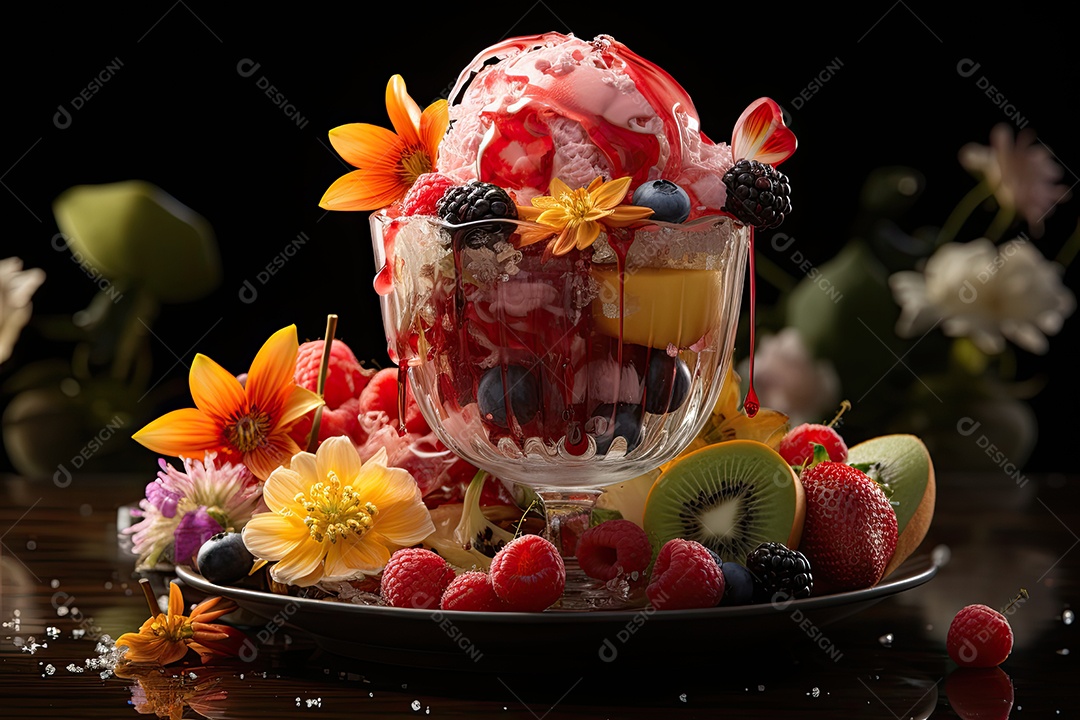 Girassol de baunilha, floresta frutada e riacho de framboesa em cena mágica de sorvete.
