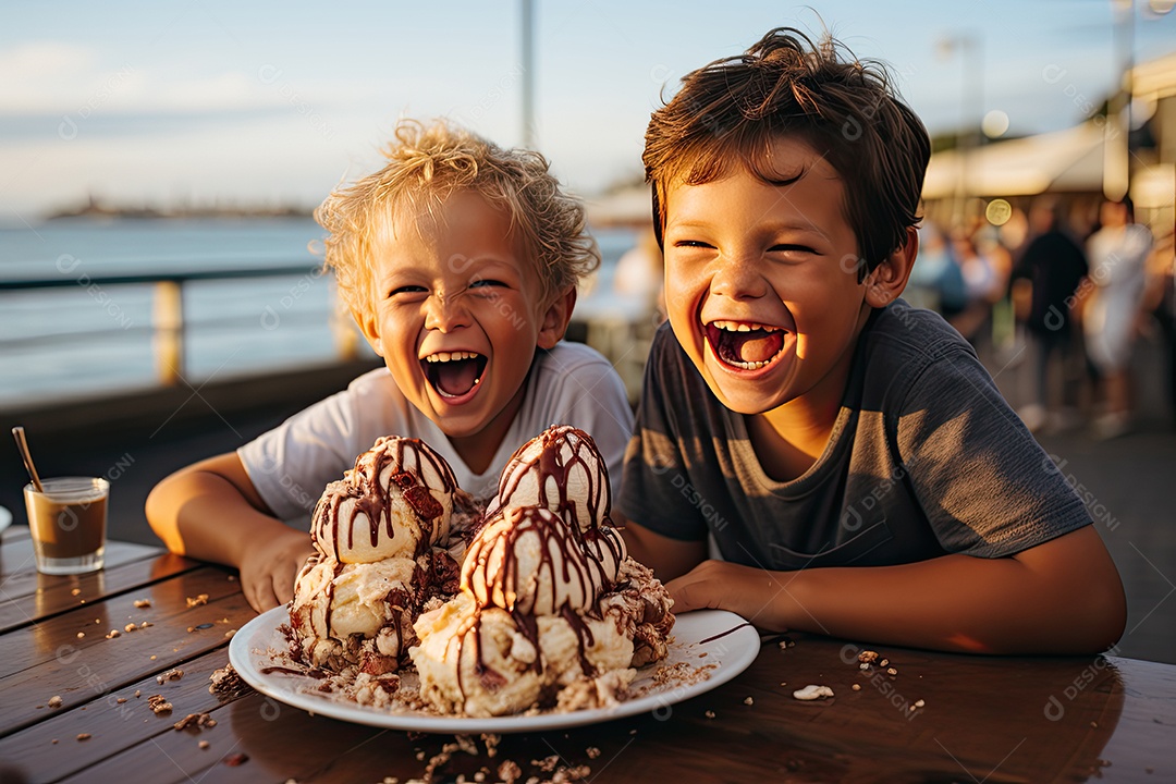 Sorvete duplo em casquinha com morangos e calda, crianças brincando à beira-mar.