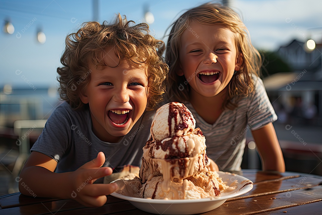 Sorvete duplo em casquinha com morangos e calda, crianças brincando à beira-mar.