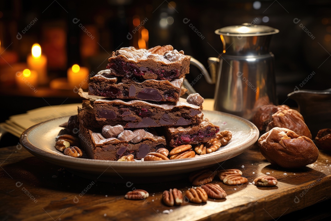 Mestre culinário finaliza brownie triplo chocolate em confeitaria rústica. (2)