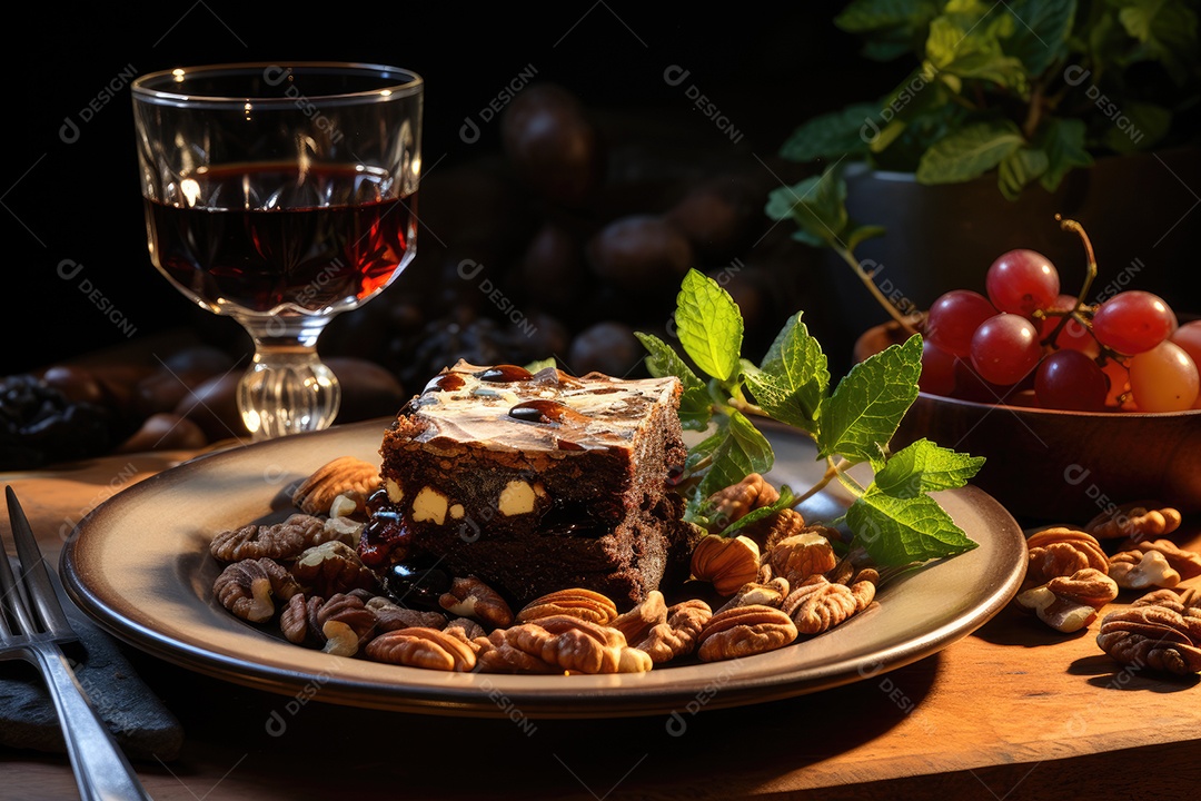 Brownie fresco e chocolate derretido em cena minimalista.