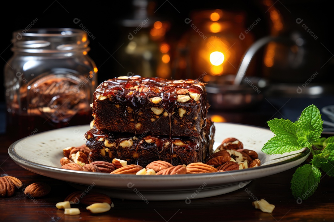 Brownie fresco e chocolate derretido em cena minimalista.