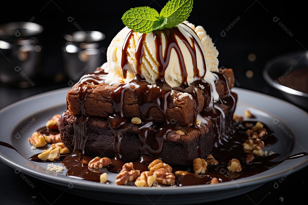 Brownie fresco e chocolate derretido em cena minimalista.