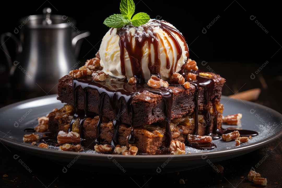 Brownie fresco e chocolate derretido em cena minimalista.