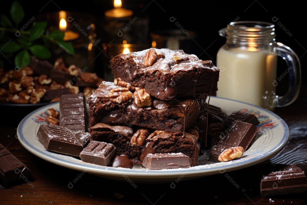 Brownie fresco e chocolate derretido em cena minimalista.