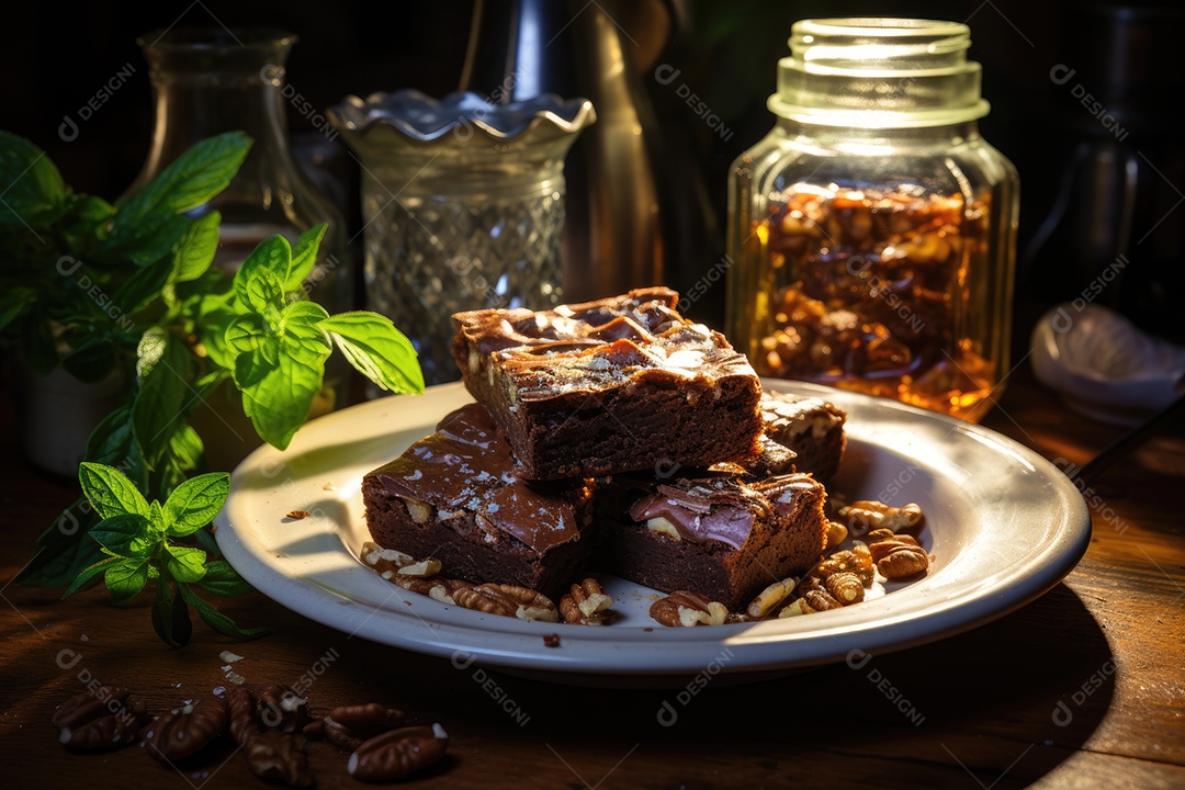 Brownie fresco e chocolate derretido em cena minimalista.