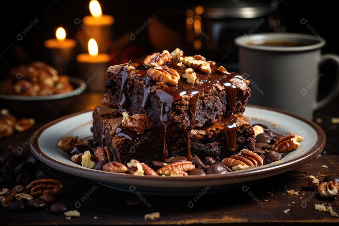 Brownie fresco e chocolate derretido em cena minimalista.