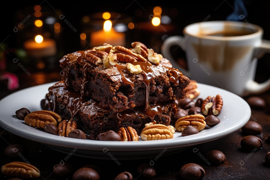 Brownie fresco e chocolate derretido em cena minimalista.