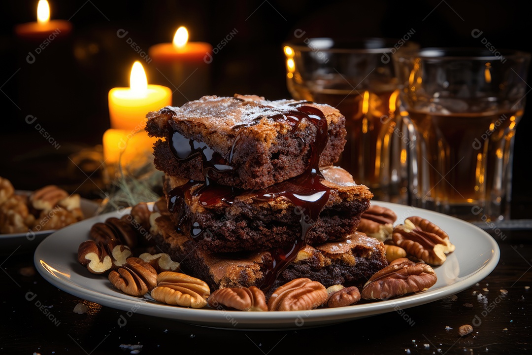 Brownie fresco e chocolate derretido em cena minimalista.