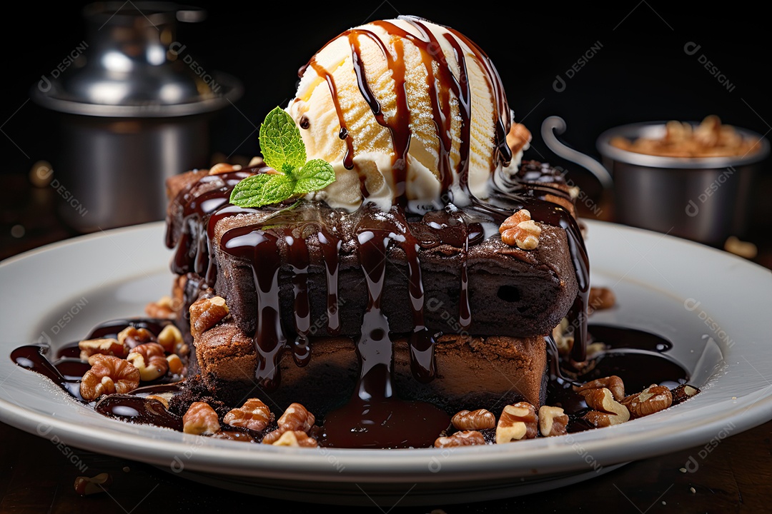 Brownie fresco e chocolate derretido em cena minimalista.