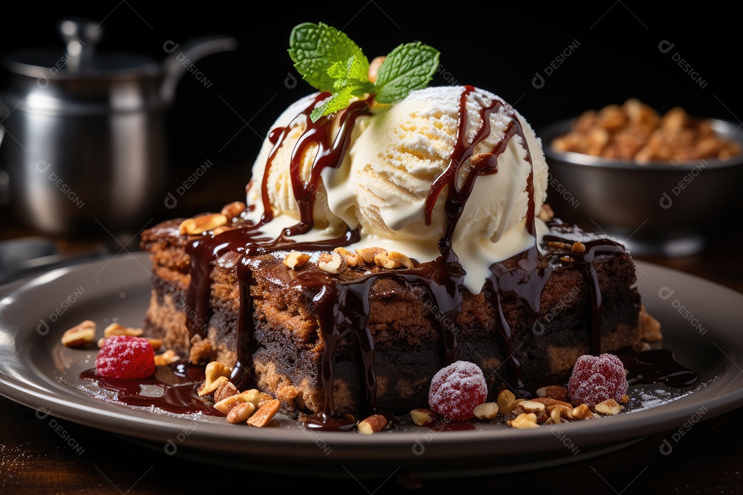 Brownie fresco e chocolate derretido em cena minimalista.