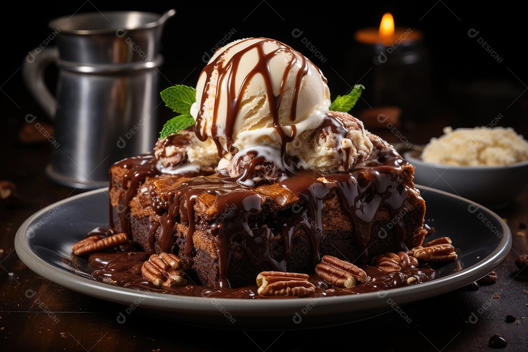 Brownie fresco e chocolate derretido em cena minimalista.