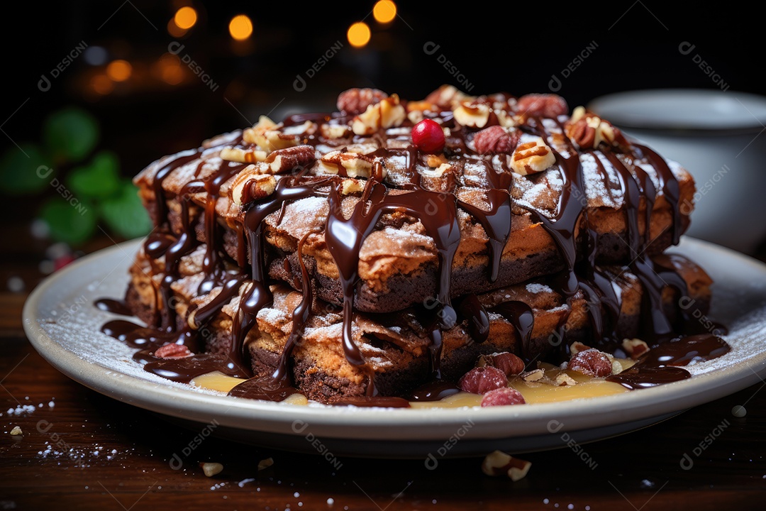 Brownie fresco e chocolate derretido em cena minimalista.