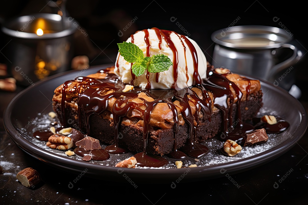 Brownie fresco e chocolate derretido em cena minimalista.