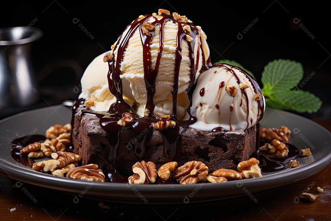 Brownie crocante com nozes ao lado de sorvete derretendo. (