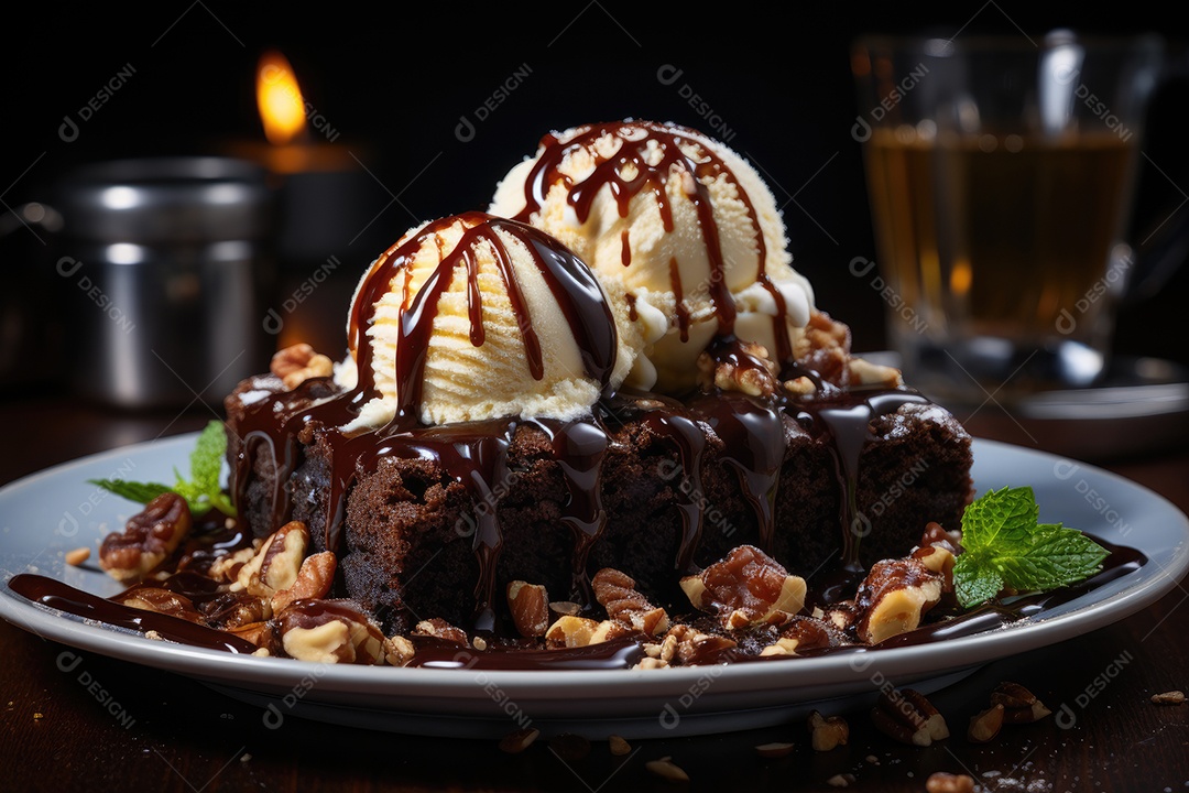 Brownie crocante com nozes ao lado de sorvete derretendo. (
