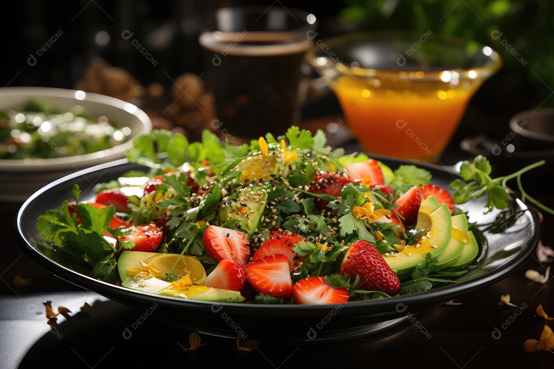 Salada primaveril vibrante com morangos, manga, romã e queijo feta.