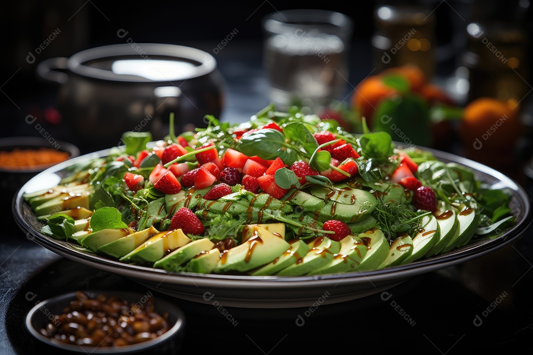 Salada primaveril vibrante com morangos, manga, romã e queijo feta.