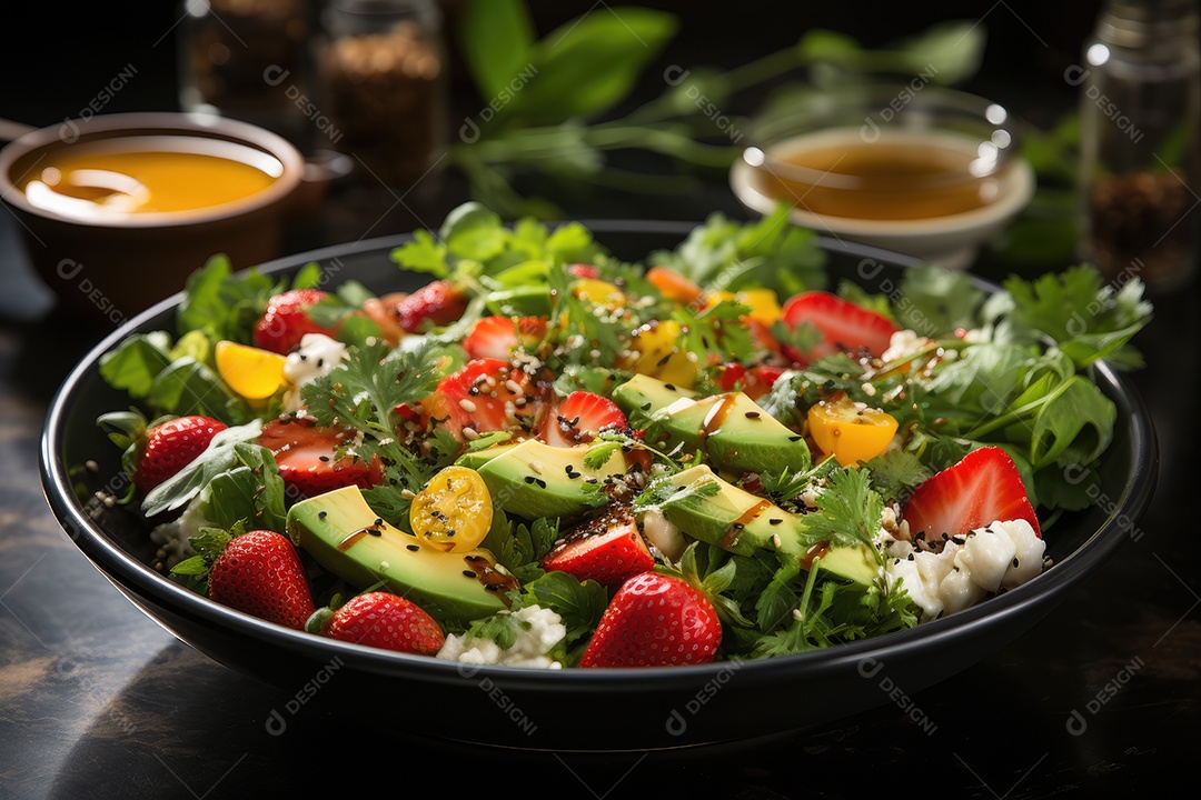 Salada primaveril vibrante com morangos, manga, romã e queijo feta.