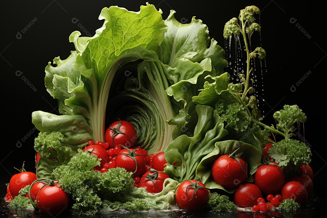 Cascata de frescor folhas verdes, tomates e pepinos dançam numa sinfonia de cores.