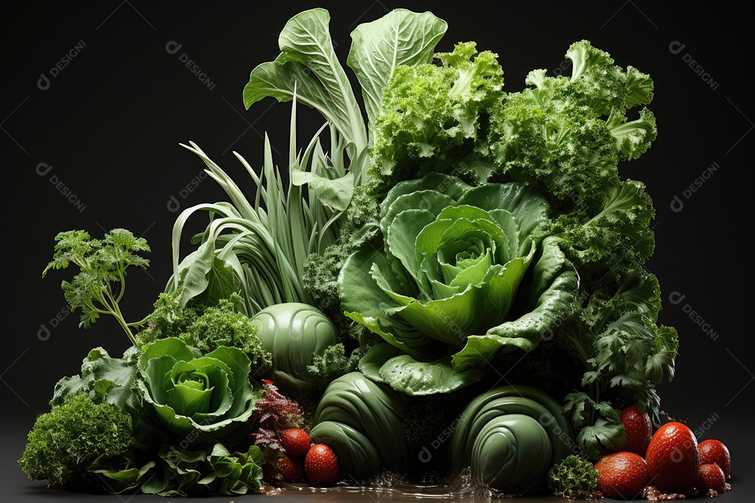 Cascata de frescor folhas verdes, tomates e pepinos dançam numa sinfonia de cores.