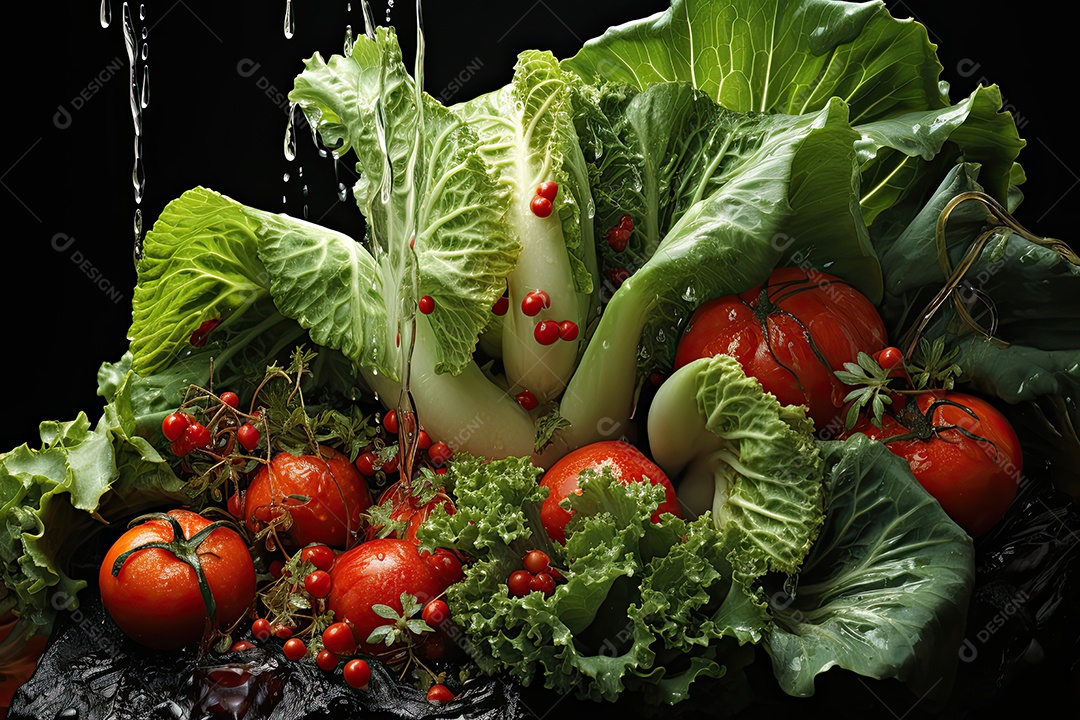 Cascata de frescor folhas verdes, tomates e pepinos dançam numa sinfonia de cores.