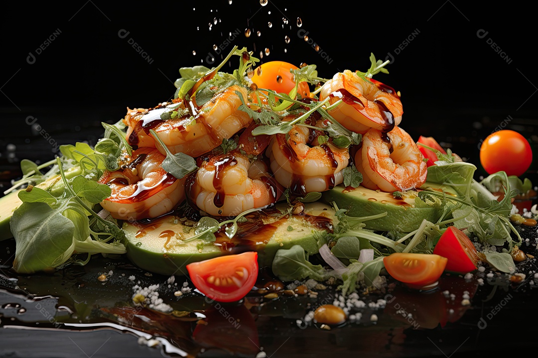 Explosão colorida salada fresca, camarões e croutons em harmonia.