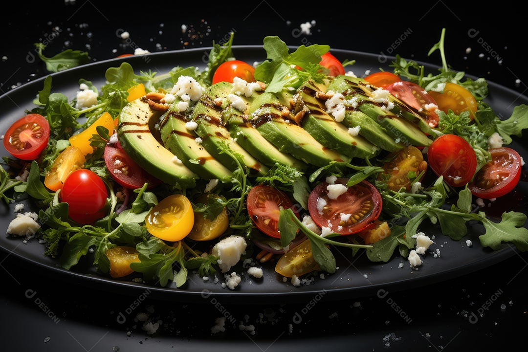 Explosão colorida salada fresca, camarões e croutons em harmonia.