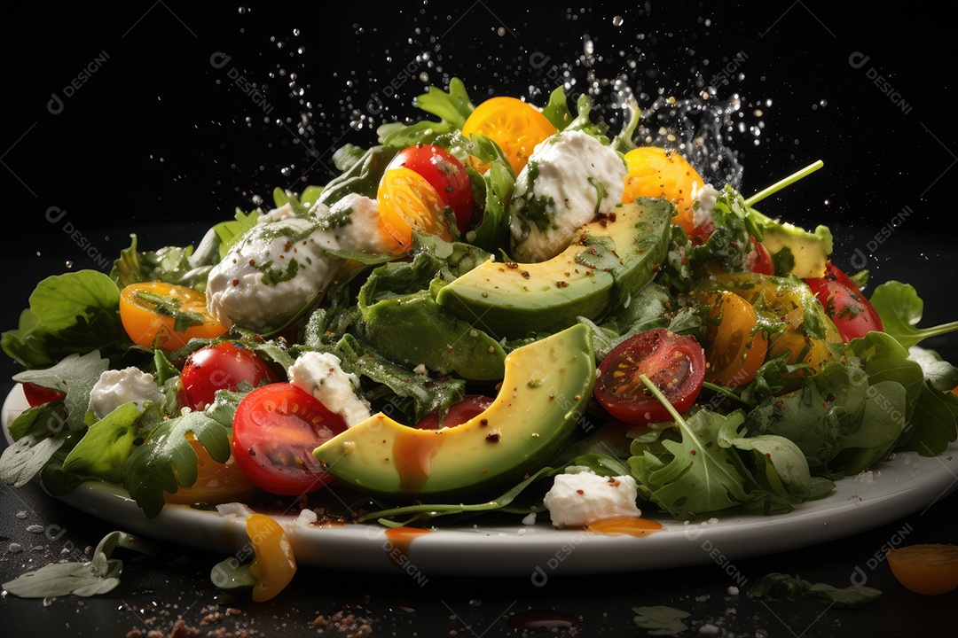 Explosão colorida salada fresca, camarões e croutons em harmonia.